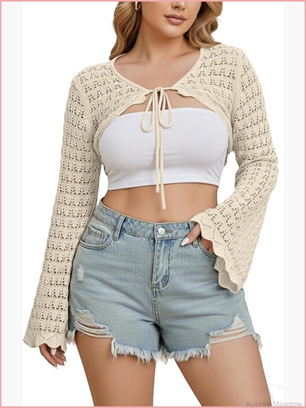 Plus Size Crochet Tie Front Shrug Bell Sleeve Cardigan